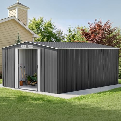 LUXOAK Geräteschuppen Metall 258x314x178cm, Wasserdichtes Gerätehaus mit Schiebetür & Satteldach, Rostbeständiger Metal Garden Shed aus Verzinktem Stahl, Outdoor Geräteschuppen für Garten