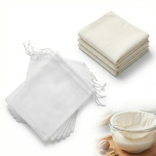Katyjun 10 Stück Nussmilchbeutel 3 Stück Passiertuch Wiederverwendbar für Nussmilch Käsetuch Langlebiges Küchenset Einfach zu Reinigen Ideal für Kochbegeisterte Hochdichtes für gründlichere Filtration