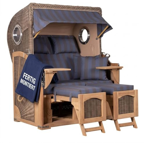 MR. DEKO Strandkorb 2-Sitzer Komplettset Düne | Teak Gartenmöbel | Volllieger Rundgeflecht | Strandkorb-Set Bullaugen | Lifter System, Abdeckhaube, Doppellenkrollen, Windschutzfolie | 125x80x170 cm
