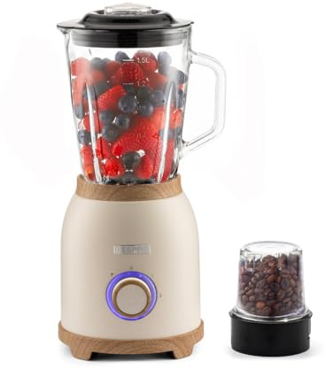 GEEPAS NordiQ 2-in-1 Food Jug Blender | Smoothie Maker with 1.5L Glass Juice Jar & Mini Coffee Spice Grinder Mill | 6 Stainless Steel Ice Crusher Blades | 2 Speeds, Pulse Safe Lock | 800W Cream