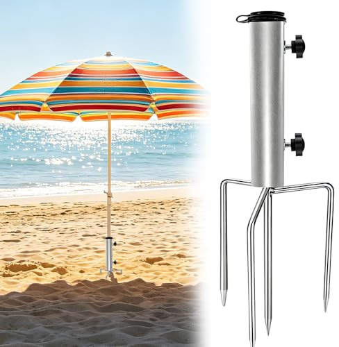 Foreverup Sonnenschirmständer mit Rasendorn, Rasendorn für Sonnenschirm, Abnehmbarer Sonnenschirmhalter mit Strandschirm Hängehake, mit 4 Heringen, Einstellbar Robuster für Strand Gras Sand