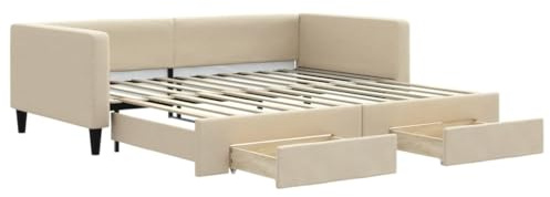 HETFTJN Creme Tagesbett Ausziehbar 100x200 cm Stoffsofa mit Bettkasten Modernes Schlafsofa für Gäste Extra Stauraum im Wohn Schlafzimmer