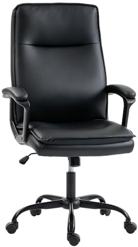 HOMCOM Chaise Bureau Ergonomique, Fauteuil de Bureau, Noir | en PU, Fonction Bascule, Double Rembourrage, Hauteur Réglable, Dossier Haut, Pivotante 360°, Pour Ordinateur