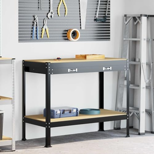 Workbench Black 114 x 54 x 91 cm Made of Plywood and Metal with Drawer, Perforated Wall, Shelf, Robust Workshop Table for Garage, Workshop, Basement, with Storage Space and Hooks