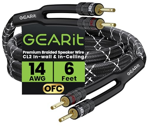 GEARit 14 Gauge OFC Speaker Cable with Banana Plugs 6 ft, Speaker Wire 14 AWG with Gold Plated Tips, Audio Cable High-Fidelity for Audiophiles, HiFi, Bi-Wire, Bi-Amp & Surround Sound Speakers