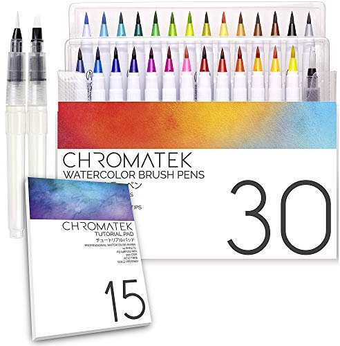 CHROMATEK Watercolour Brush Pen Set 30, 15 Page Tutorial Pad and Online Video Tutorial Series Real Brush Tip. Vivid. Smooth. Blendable. Professional Quality. 27 Colors, 3 Aqua Pens