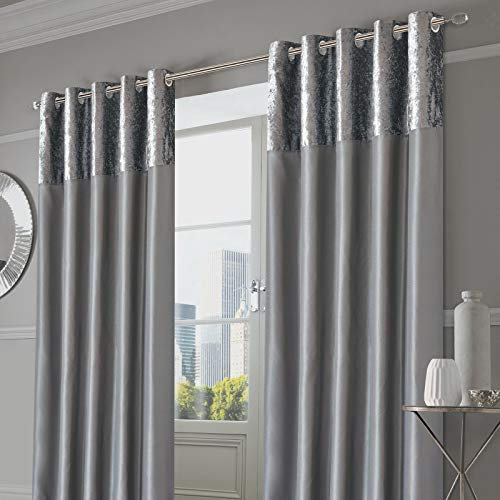 Sienna PAIR of Crushed Velvet Band Curtains Fully Lined Eyelet Ring Top Faux Silk Window Treatment Panels - Silver Grey, Width 66 x Drop 72