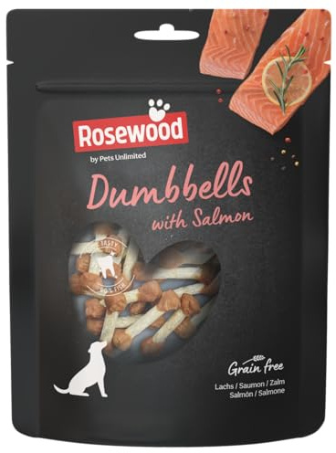 Rosewood Dumbbells Lachs – Kauknochen für Hunde, Kausnack aus Rinderhaut mit Lachs, unterstützt die Zahnpflege, ohne Zusatz von Getreide und künstlichen Zusatzstoffen, 150 g