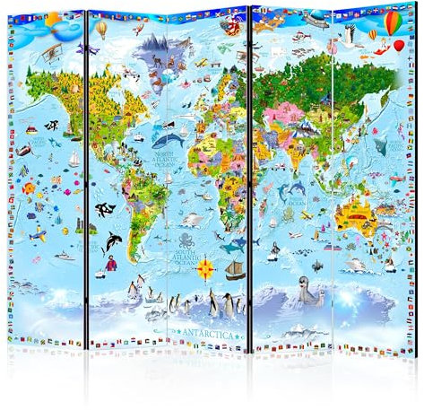murando Raumteiler Foto Paravent Weltkarte für Kinder 225x172 cm beidseitig auf Vlies-Leinwand Bedruckt Trennwand Spanische Wand Sichtschutz Raumtrenner Home Office Kinderzimmer e-A-0102-z-c