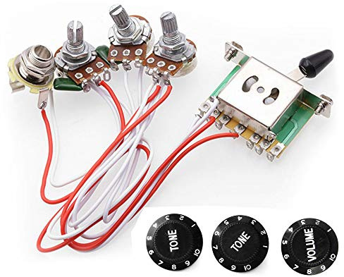 RUNCCI-YUN Electric Guitar Wiring Harness Kits for Strat Style Guitar Replacement, 2T1V Control Knobs 5-Way Switch 500K Pots with Jack, Black Tip (1 Volume x 2 Tone Control Knob Black)