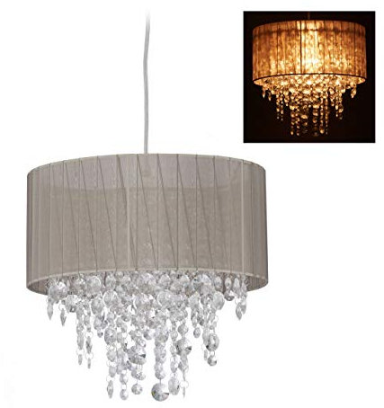 relaxdays Lampadario in Cristallo, Paralume in Organza, E27, Salotto, Lampada da Soffitto, HxD 129x32 cm, grigio/argento