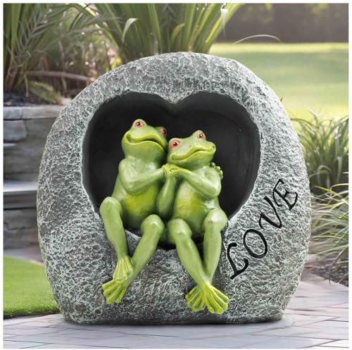 Love Frog Couple Garden Statue – 7 Resin Romantic Frog Figurines in Heart Rock, Outdoor Yard Art Decoration for Patio, Balcony, Lawn