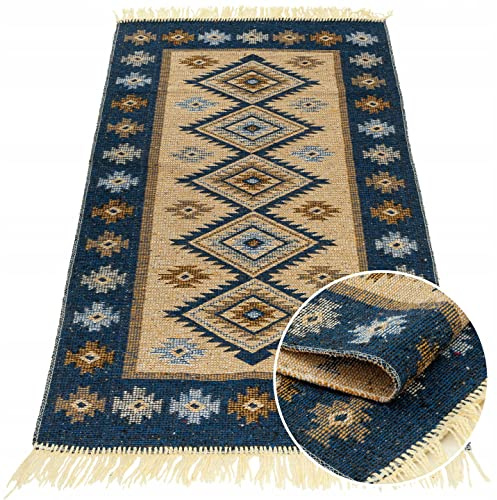 e-floor Teppich für Wohnzimmer Baumwolleteppich | Gewebt | Doppelseitiges Muster | Boho Kelim Teppiche | Teppichläufer | Küchenteppich | Schlafzimmer | Blau | 80x150 cm
