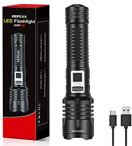 KEPEAK Led Taschenlampe, Taschenlampe Led 10000 Lumen, Aufladbar USB Extrem Hell Taktische Taschenlampen, Taschenlampe Batteriebetrieben IPX4 Wasserdicht für Outdoor Camping Wandern Notfälle