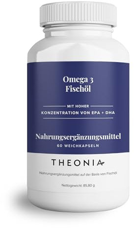 Theonia olio di pesce omega 3 puro 2000mg con vitamina E - Alta concentrazione di EPA + DHA - Supporta cuore, articolazioni, cervello e sistema immunitario - Per uomini e donne - 60 capsule morbide