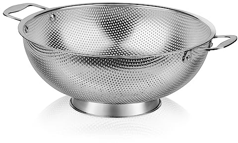 Tiawudi Large 6-Qt Colander, 18/8 Stainless Steel Mesh Strainer for Kitchen, Food Sieve with Riveted Handles and Self-draining Solid Ring Base, Great for Pasta, Rice, Vegetables and Fruits