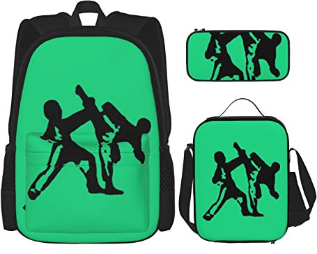 TORONG Rucksack mit Karate-Highkick-Icon-Druck, leicht, wasserdicht, 3 Stück, mit Lunch-Tasche, Federmäppchen für jedermann, Taekwondo Kampfsport, Einheitsgröße