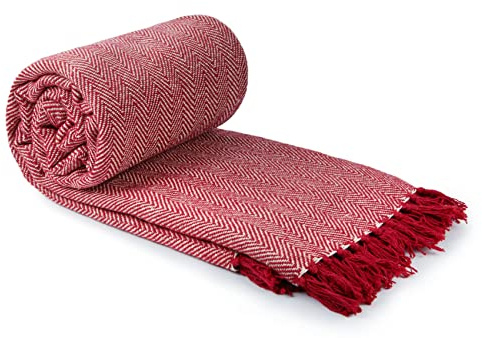 Emma Barclay fiskbensmönster – återvunnen bomullsmönstrad stol soffa set sängöverkast över filt i rött – 70 x 100 (178 x 254 cm)