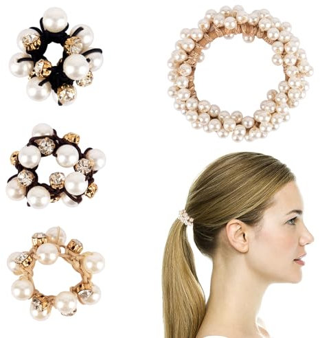 Haargummis Damen 4 Stück Perlen Haarschmuck, Dehnbar Kristall Elastische Haargummi, Elastisches Haarseil Pearl Hair Scrunchie für Damen und Mädchen