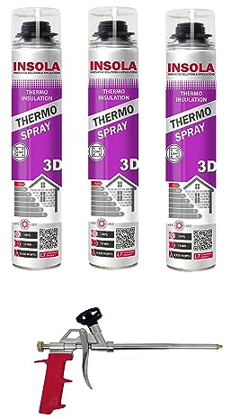 INSOLA Thermo Spray 3D - Isolation Polyuréthane Projetable 850ml - L'un des Meilleurs Pouvoirs Isolants du Marché - 80% Cellules Fermées - Confort Thermique et Acoustique (Lot 3 Mousses + 1 Pistolet)