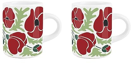 Purely Home Floral Poppy Espresso Cups - Red & Green Retro Poppies - Small Mini White Ceramic Coffee Shot Mugs Set of 2