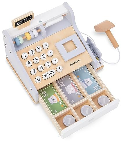 mamabrum Holzkasse Set mit Scanner, Tastatur & Abakus - Kaufladen Registrierkasse aus Holz mit Spielgeld, Kreditkarte & Bonrolle - Lernspielzeug für Kinder ab 3 Jahren