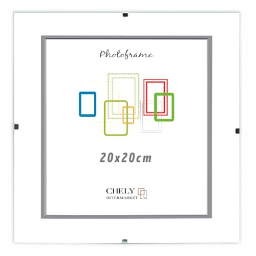 CHELY INTERMARKET MOD300 Marco Portafoto Clip Metacrilato Sin Borde Moderno 20x20cm Montaje Vertical Horizontal Decoración Posters Carteles Oficinas Galerías Color Transparente Incluye 1 Unidad