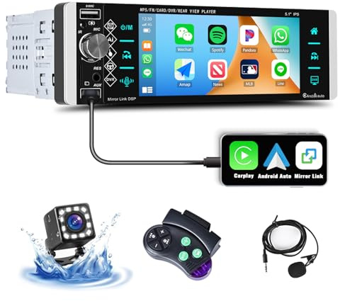 CAMECHO 1 Din Carplay Android Auto Autoradio, 5.1 Pollici IPS Tactile Schermo Stereo Auto con Bluetooth Mirror Link/FM/EQ/SWC/AUX/Assistente vocale + Telecamera posteriore AHD + MIC