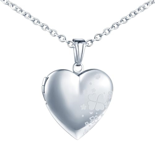 MICMIF Edelstahl Bilder Medaillon Personalisierte Kette Herz Anhänger mit Vierblättriges Kleeblatt Foto Halskette | Kette Damen Amulett Medaillon für 2 Bild Halskette für Mama Freundin & Frauen