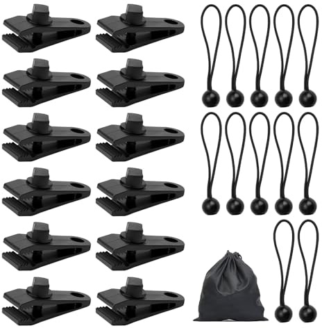 12 Pcs Tarpaulin Clips Sets Tarp Clips Heavy Duty With 12 Pcs Ball Bungee Cords and Storage Bag, Multifunctional Awning Clip for Fixing Tarps, Awnings, Outdoor Camping, Caravan Canopies