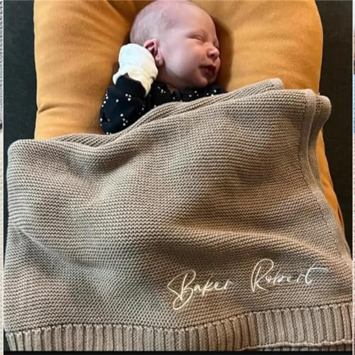Personalisierte Babydecke, Besticktes Babynamen-Babyparty-Geschenk, Weiche Und Atmungsaktive Gestrickte Baumwolldecke, Personalisiertes Geschenk, Personalisierte Namensstrick-Babydecke For Neugeborene