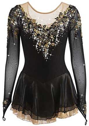 YDHTIZ Trikots Für Rhythmische Gymnastik Für Mädchen Eiskunstlauf Wettkampf Kleid Für Damen Langärmelige Applikationen Für Eislauf Tanzkostüme Handgemacht,Schwarz,XL