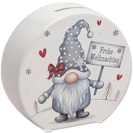 niedlicher Weihnachtswichtel mit Schild Spardose - Frohe Weihnachten Perfekte Deko Wintergnom mit grauem Hut weißen Punkten rotem Detail - originelle Weihnachts-Spardose