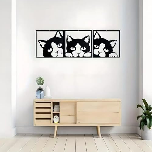 USTEL Metall Wanddekor Katze 3 Stück Schwarz 25x25cm - Minimalistisches Eisen Wandkunst für Innen & Außen, Geschenkidee für Schlafzimmer Wohnzimmer Büro