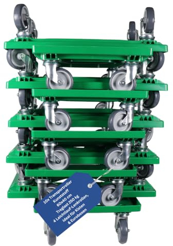 BADfabrik24 Transportroller 60x40 cm aus Kunststoff, 4 Leichtlauf-Lenkrollen, 250 kg Traglast, passend für Kisten & Euroboxen, Grün – stabile Transporthilfe für Lager, Werkstatt & Haushalt (10 Stück)