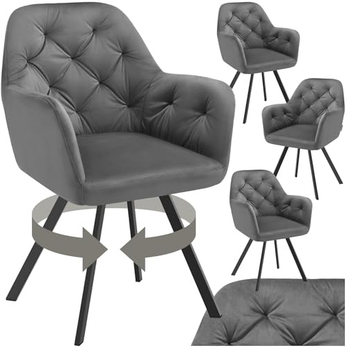 tectake® 4er Set Esszimmerstühle drehbar mit Armlehne, Samtstoff Drehstuhl ergonomisch, Möbel für Wohnzimmer, Stühle für Dining Lounge, Office, als Schminkstuhl oder Schreibtischstuhl - anthrazit