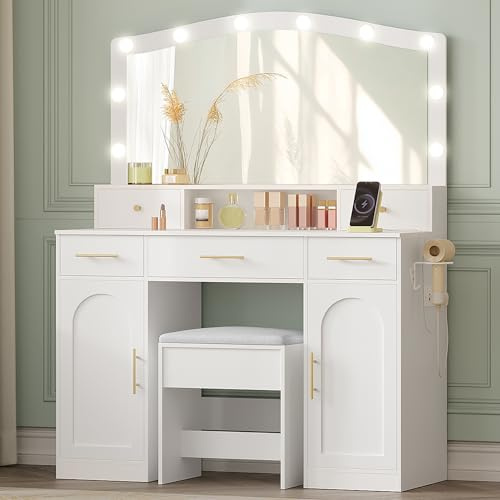 Hzuaneri Schminktisch mit großem Spiegel und Led-Beleuchtung, Schminktisch mit Hocker mit Stecker und Föhnhalter, große