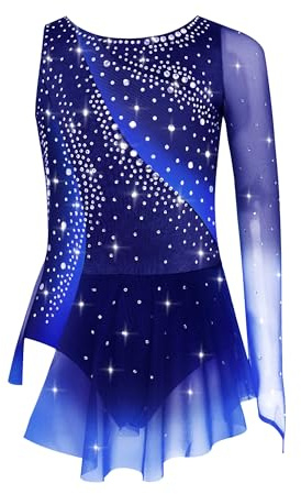 Sxiwei Fille Robe Patinage Artistique Asymétrique Une Epaule Strass Justaucorps Gymnastique Danse Spectacle Tenue Enfant 5-16 Ans Bleu Marine 9-10 Ans