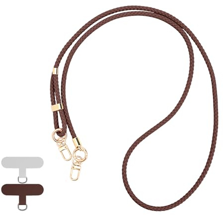 Reownest Handykette Universal zum Umhängen, Handy Halsband mit 2 Patches, Verstellbares Geflochtenes Leder Handy Lanyard, Halskette Kompatibel mit den meisten Smartphones, Braun
