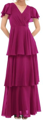 AH148 - Vestidos de dama de honor de manga corta para invitados de boda, formal, de gasa, para noche, graduación, fiesta, maxivestido, fucsia, 34