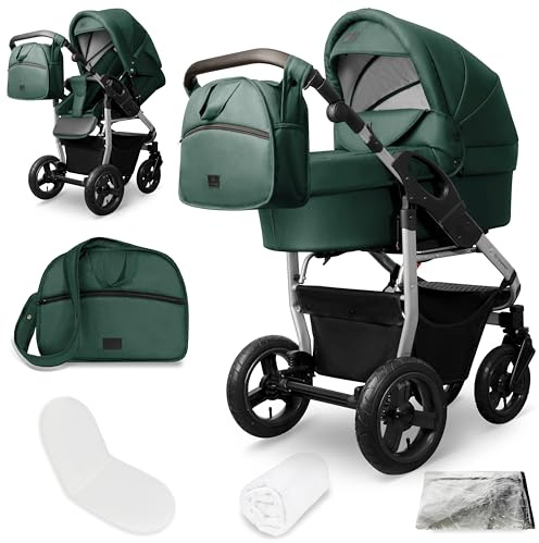 Kombikinderwagen Capri 2-in-1 Babywanne Sportsitz faltbar | Komfortabler Kinderwagen ab Geburt bis 22 kg mit Luftreifen Federung verstellbarem Griff Zubehör und Regenschutz