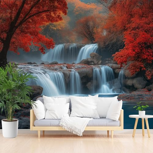 Papier Peint Panoramique Paysage de Jungle Naturel Peinture Poster Geant Mural, Paysage de Jungle Rouge Papier Peint Intissé Mural pour Salon Canapé TV Fond Décoration Murale 200x140cm(L x H)
