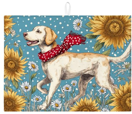 Dog Themed Dish Drying Mats For Kitchen Counter, Vintage Floral Absorbent Dish Drainer Rack Mat, Spring Microfiber Drying Pad For Kitchen Counter Coffee Bar Protector 18x24 Inch