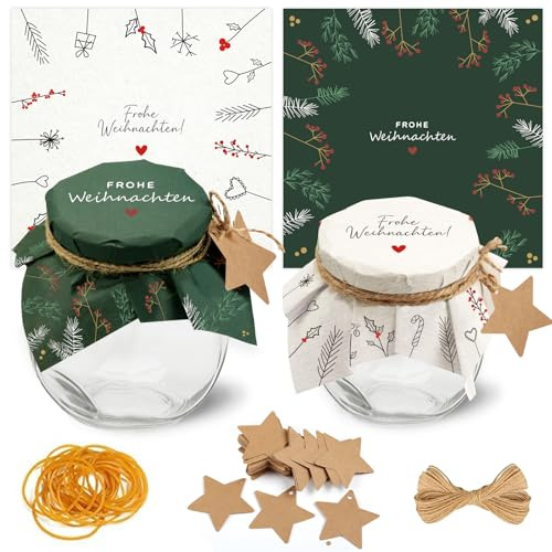 40 Stück Marmeladendeckchen Weihnachten mit Geschenkanhängern – Deckchen für Marmeladengläser klein, inkl. Juteschnur & Gummibänder – DIY Einmachgläser Deko Set