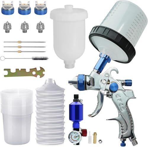 HVLP - Pistola a spruzzo per verniciatura, 3 ugelli da 1,4 mm, 1,7 mm, 2,0 mm, sistema di spruzzo professionale con 600 ml, tazza di plastica, 10 pezzi, 600 ml, con regolatore di pressione dell'aria