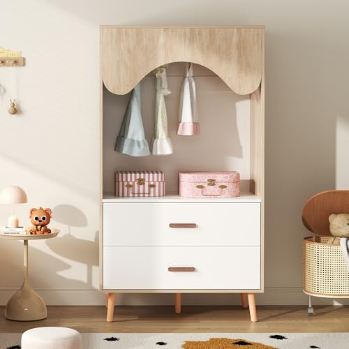 Kelodan Kinderkleiderschrank, 80×46×141,5cm Kleiderschrank mit Kleiderstange, mit Schubladen, offener Kleiderschrank, Vollholzgriffen, aus Spanplatte, weiß+natürliches Holz