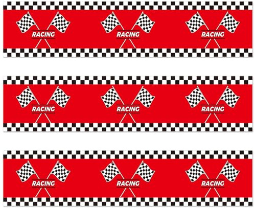 3pcs Racing Car Edible Cake Borders, Birthday Cake Borders Edible Decorations Wrap Strips Pre-Cut Cakes Toppers for Birthday Party (Red Racing Flag Style)