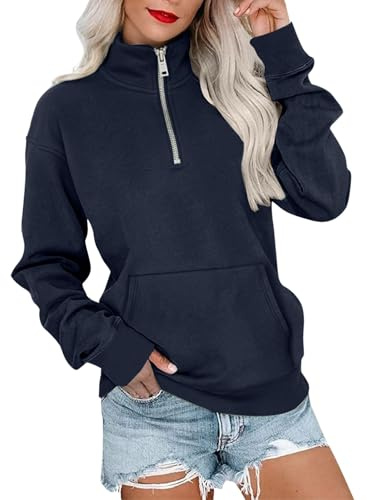 Générique Damtröja utan huva - chic och elegant topp för dam långärmad tröja toppar vår höst casual tröja enfärgade toppar lös tröja elegant tröja, Marin, S