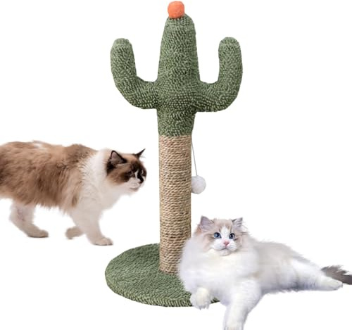 Green Cactus Cat Scratcher & Scratching Post - Natural Soft Fabric Kitten Scratch Pole with Interactive Ball Toy, for All Indoor Cat Breeds
