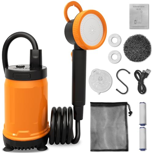 Camping Shower, 8000mAh Type-C Rechargeable Portable Shower Camping Shower,Camping Shower with Pump Heat Display, 2 Gear Adjustment, shower pump for Hiking, RV, Traveling, Car Washing, dog shower